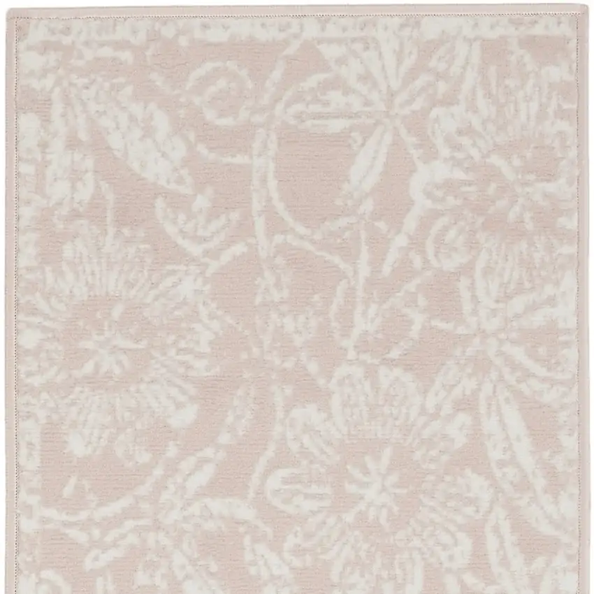 6' Pink and Ivory Floral Distressed Runner Rug Photo 6