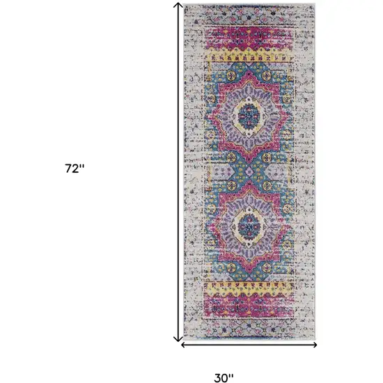 6' Pink and Ivory Medallion Power Loom Runner Rug Photo 7