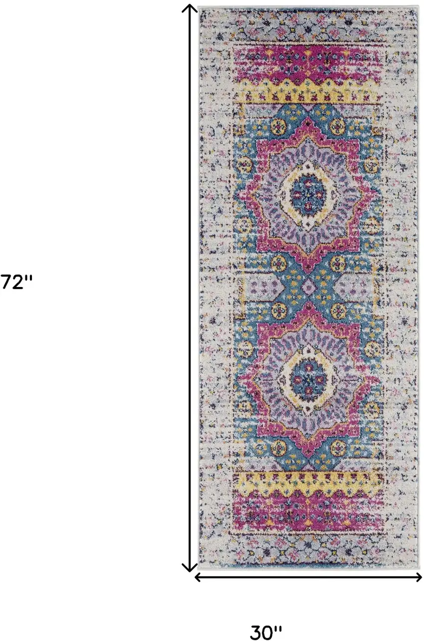 6' Pink and Ivory Medallion Power Loom Runner Rug Photo 7