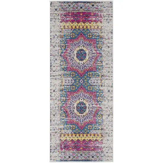 6' Pink and Ivory Medallion Power Loom Runner Rug Photo 1