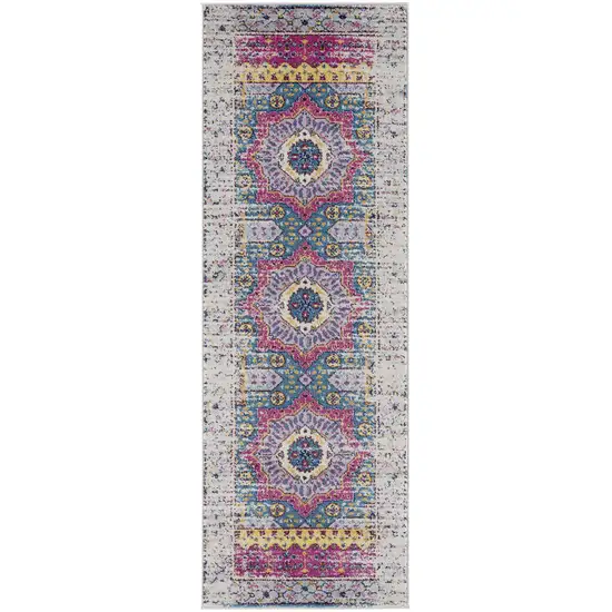 7' Pink and Ivory Medallion Power Loom Runner Rug Photo 1