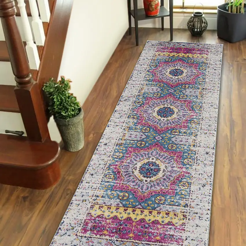 7' Pink and Ivory Medallion Power Loom Runner Rug Photo 6