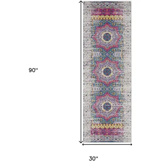 7' Pink and Ivory Medallion Power Loom Runner Rug Photo 7