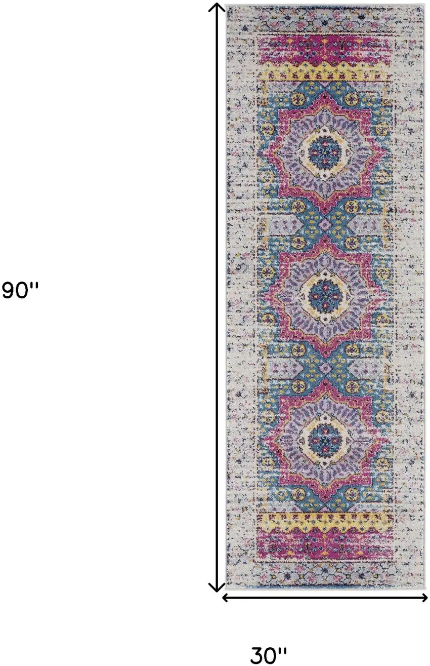 7' Pink and Ivory Medallion Power Loom Runner Rug Photo 7