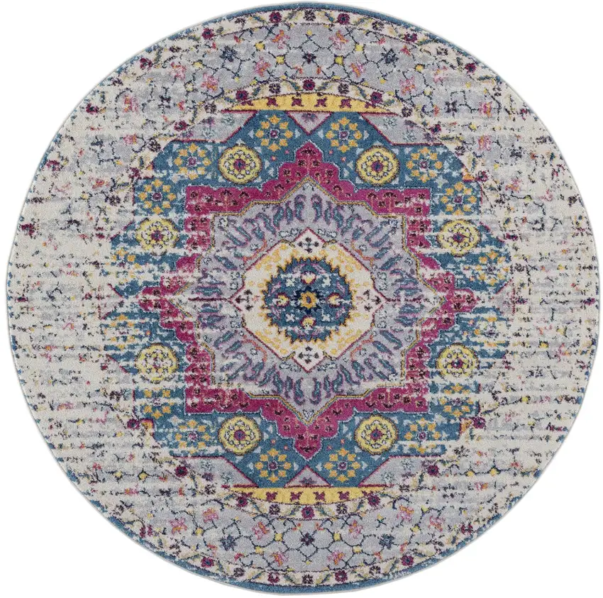6' Pink and Ivory Round Medallion Power Loom Area Rug Photo 1