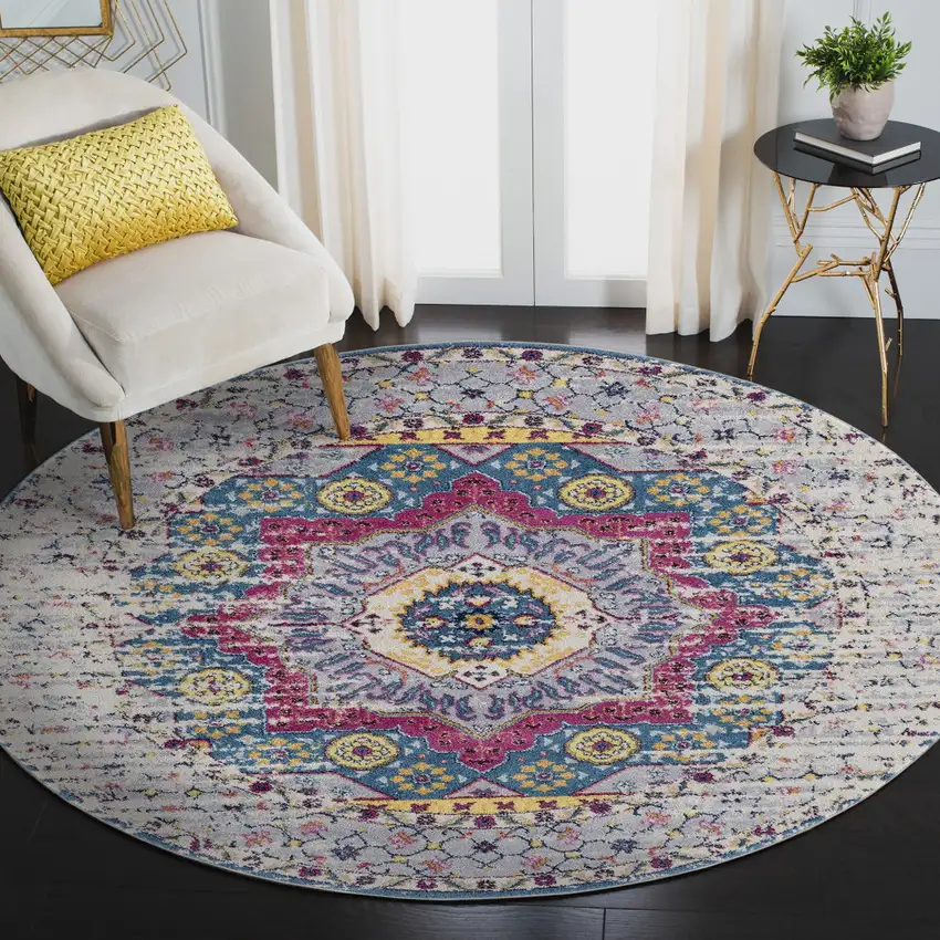 6' Pink and Ivory Round Medallion Power Loom Area Rug Photo 6
