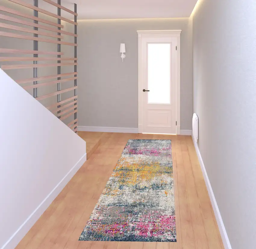 8' Pink and Orange Abstract Power Loom Runner Rug Photo 4