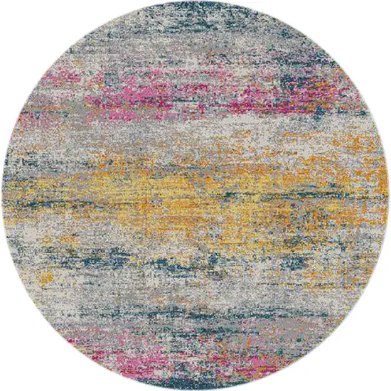 7' Pink and Orange Round Abstract Power Loom Area Rug Photo 1