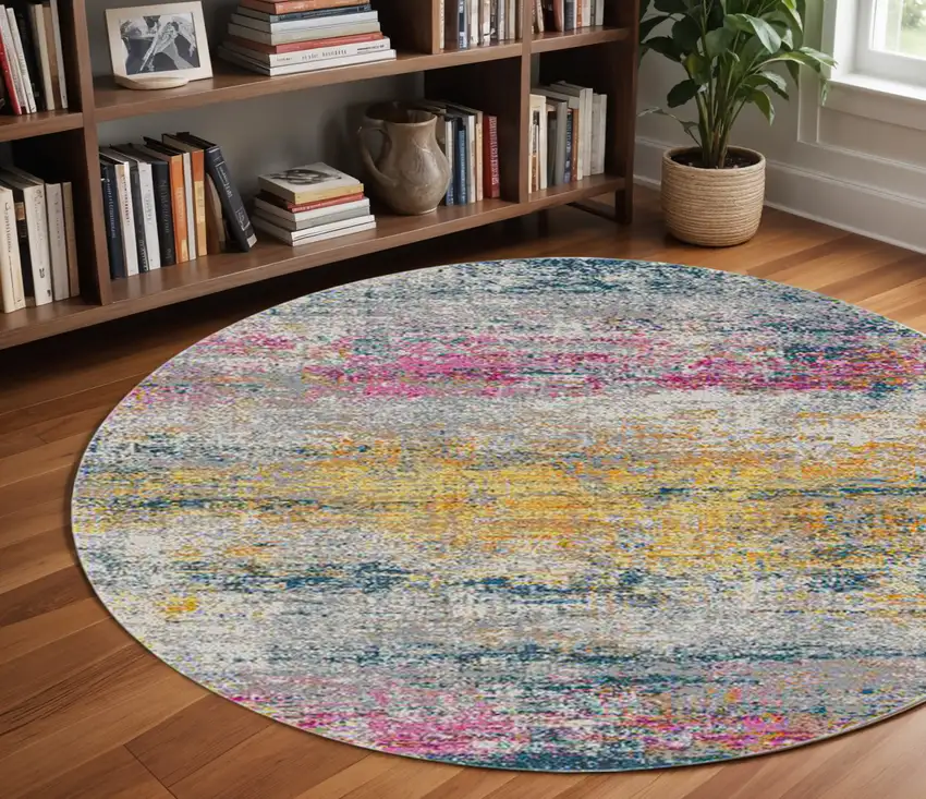 7' Pink and Orange Abstract Power Loom Round Rug Photo 1