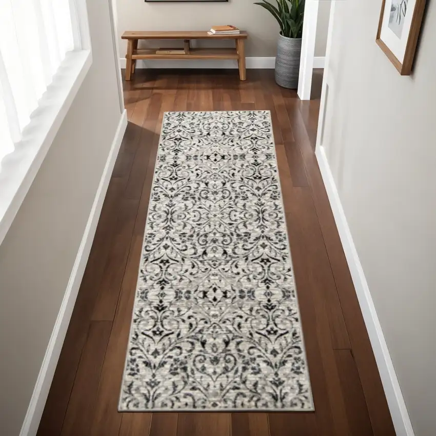 8' Black And Gray Floral Vines Runner Rug Photo 1