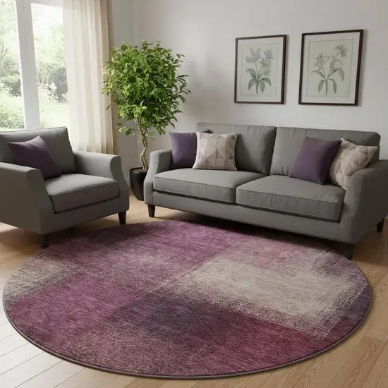 8' Plum And Beige Abstract Washable Round Rug With UV Protection Photo 1