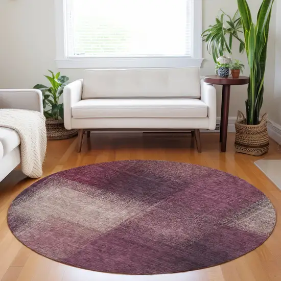 8' Plum And Beige Abstract Washable Round Rug With UV Protection Photo 5