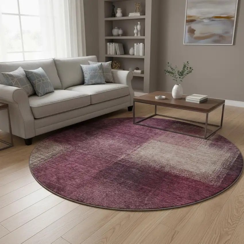 8' Plum And Beige Abstract Washable Round Rug With UV Protection Photo 2