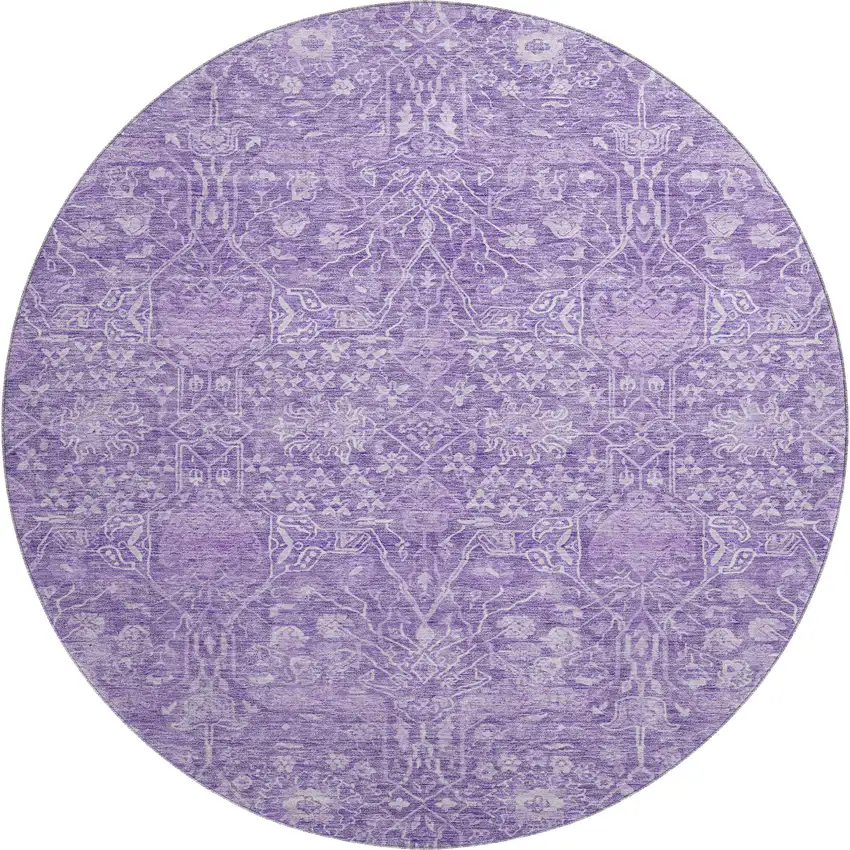8' Plum And Beige Floral Washable Round Rug With UV Protection Photo 1