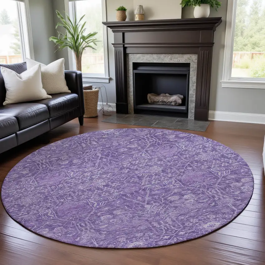 8' Plum And Beige Floral Washable Round Rug With UV Protection Photo 4