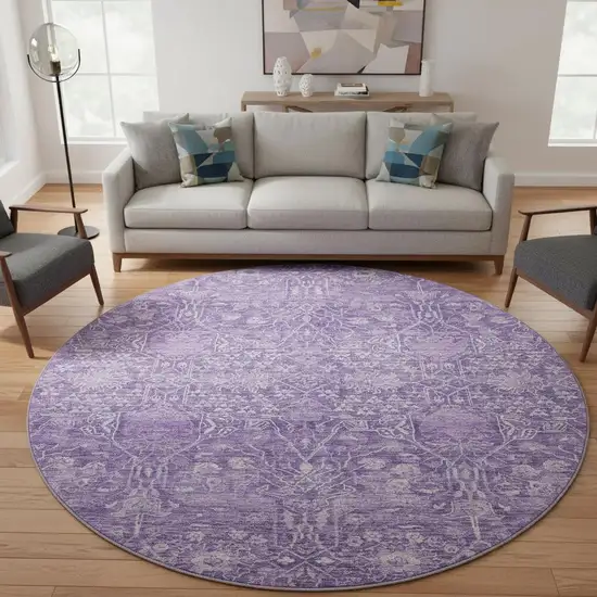 8' Plum And Beige Floral Washable Round Rug With UV Protection Photo 2