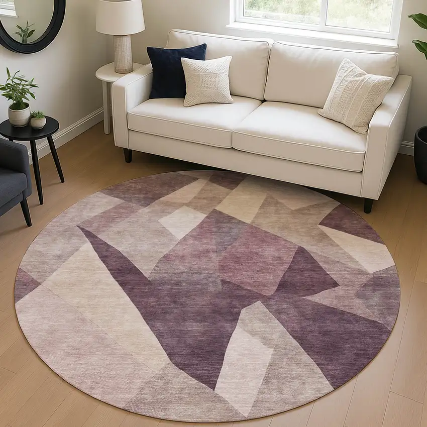 8' Plum And Beige Round Abstract Washable Indoor Outdoor Area Rug Photo 5