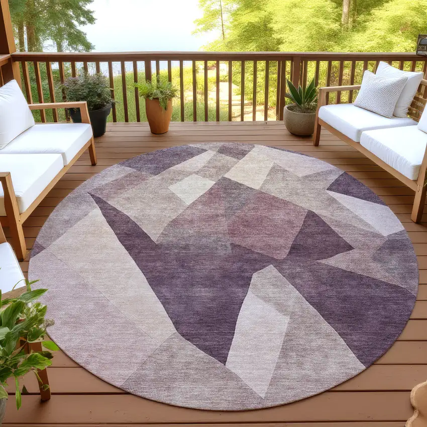 8' Plum And Beige Round Abstract Washable Indoor Outdoor Area Rug Photo 4