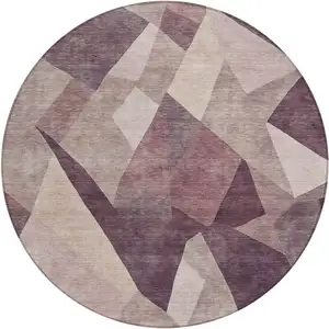 Photo of 8' Plum And Beige Round Abstract Washable Indoor Outdoor Area Rug