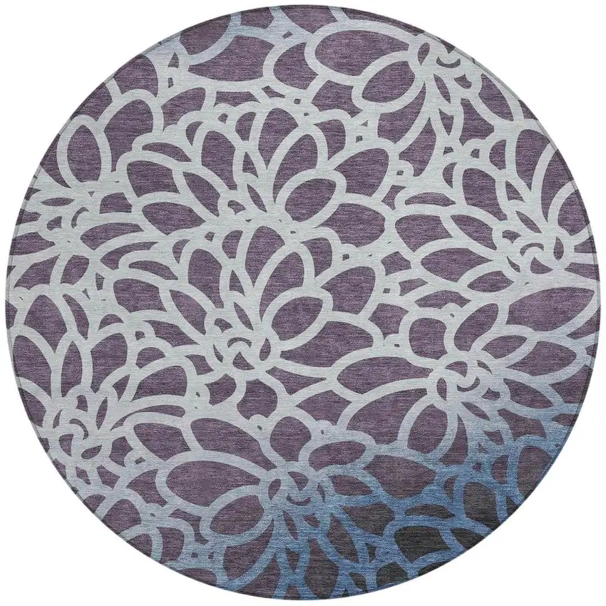 8' Plum And Blue Round Botanical Leaves Washable Indoor Outdoor Area Rug Photo 3