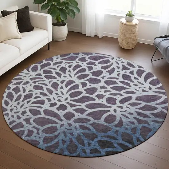 8' Plum And Blue Round Botanical Leaves Washable Indoor Outdoor Area Rug Photo 5