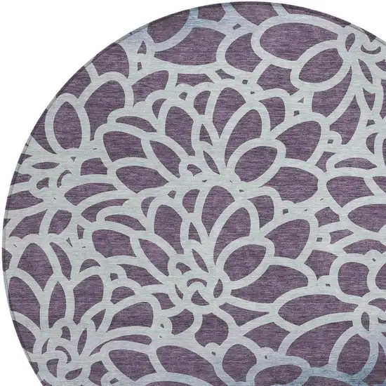 8' Plum And Blue Round Botanical Leaves Washable Indoor Outdoor Area Rug Photo 2