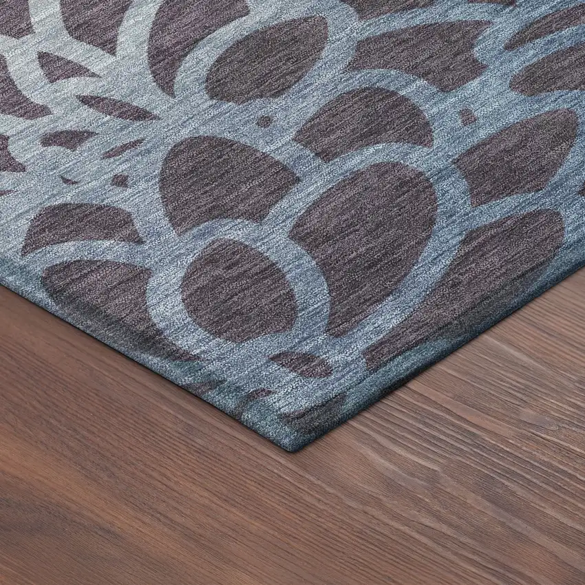 8' Plum And Blue Round Botanical Leaves Washable Indoor Outdoor Area Rug Photo 8