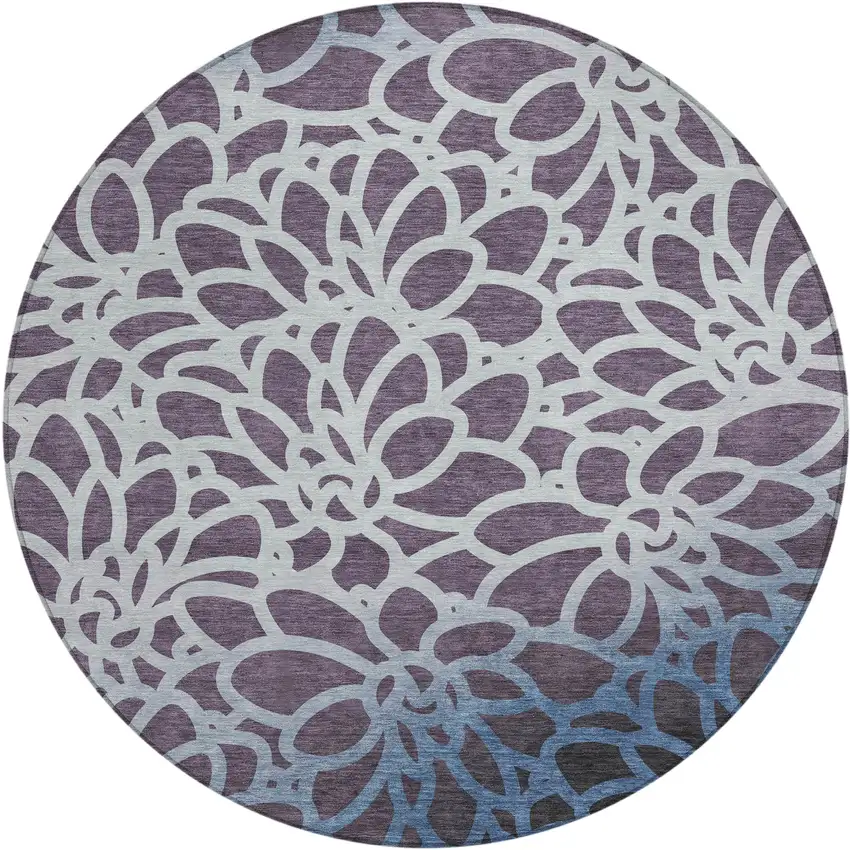 8' Plum And Blue Round Botanical Leaves Washable Indoor Outdoor Area Rug Photo 1