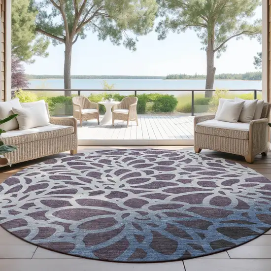 8' Plum And Blue Round Botanical Leaves Washable Indoor Outdoor Area Rug Photo 4
