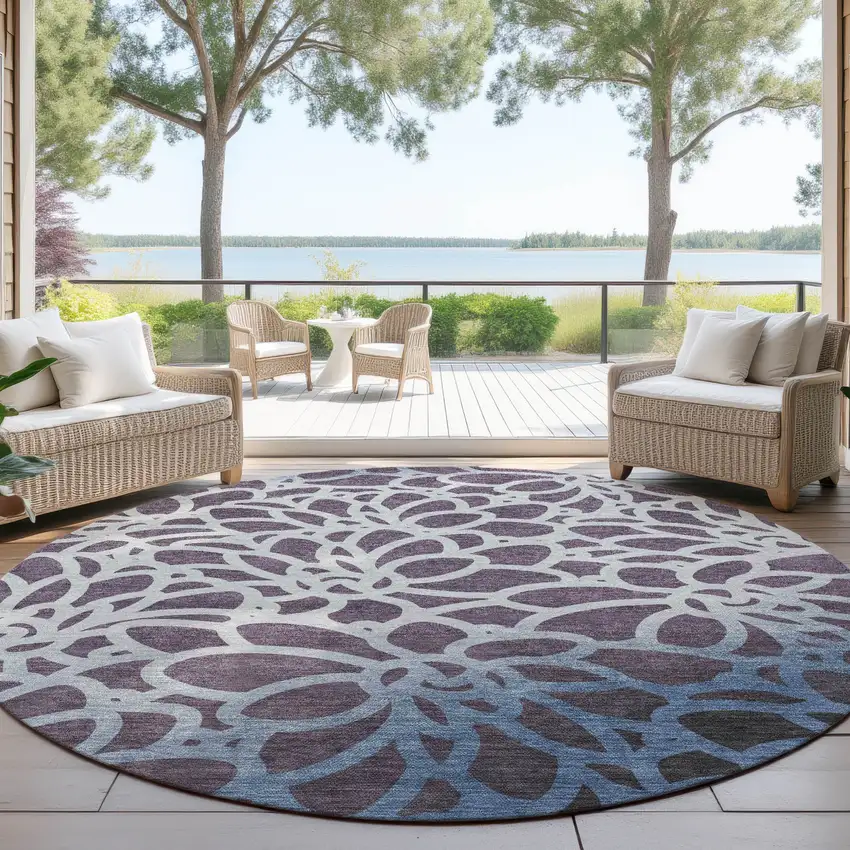 8' Plum And Blue Round Botanical Leaves Washable Indoor Outdoor Area Rug Photo 4