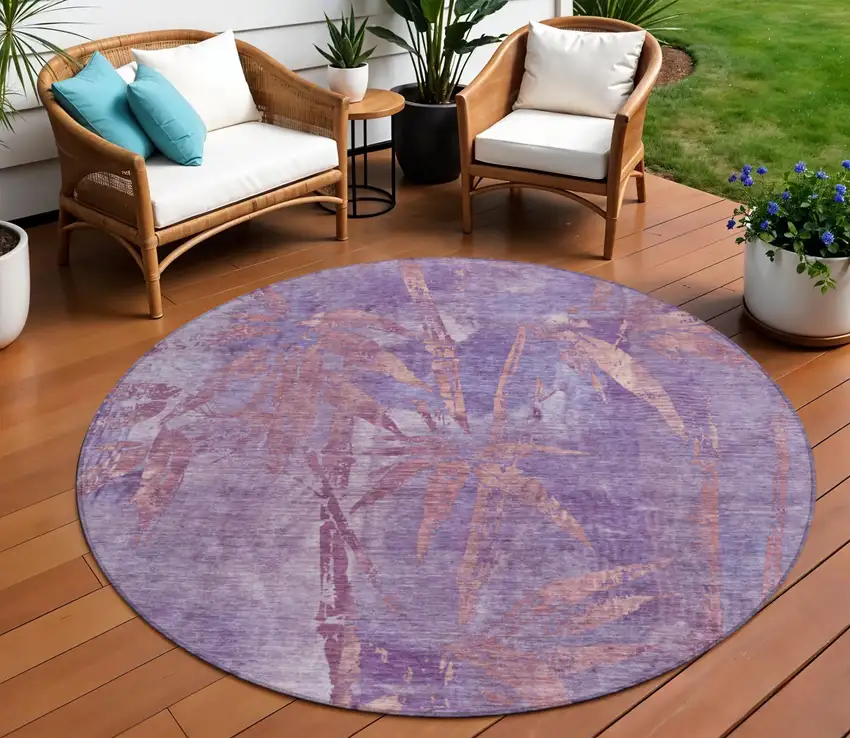 8' Plum And Blush Round Botanical Leaves Washable Indoor Outdoor Area Rug Photo 1