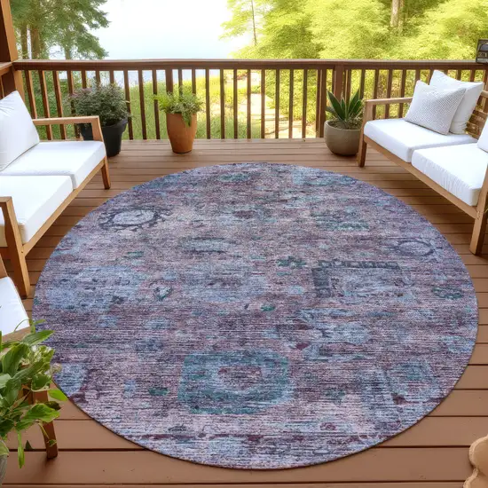 8' Plum And Brown Round Abstract Washable Indoor Outdoor Area Rug Photo 4