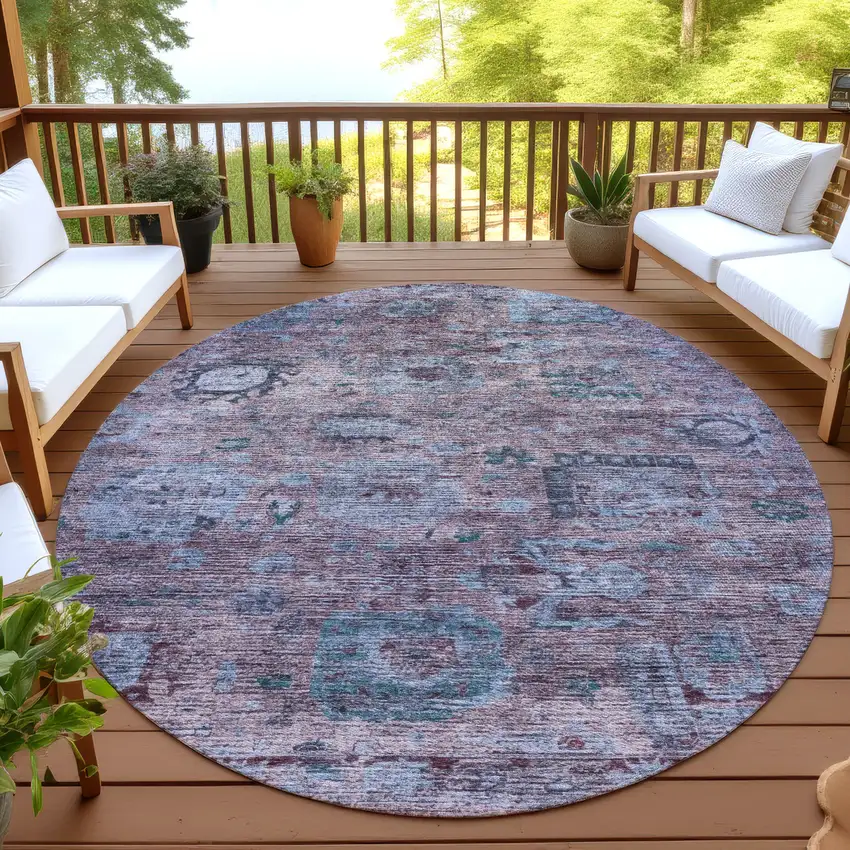8' Plum And Brown Round Abstract Washable Indoor Outdoor Area Rug Photo 4