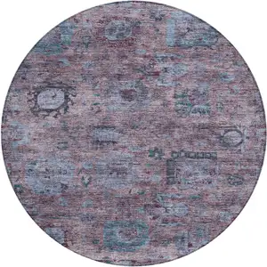 Photo of 8' Plum And Brown Round Abstract Washable Indoor Outdoor Area Rug