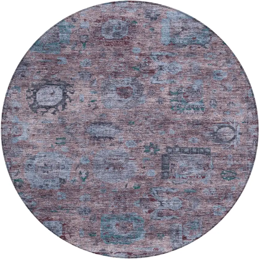 8' Plum And Brown Round Abstract Washable Indoor Outdoor Area Rug Photo 1