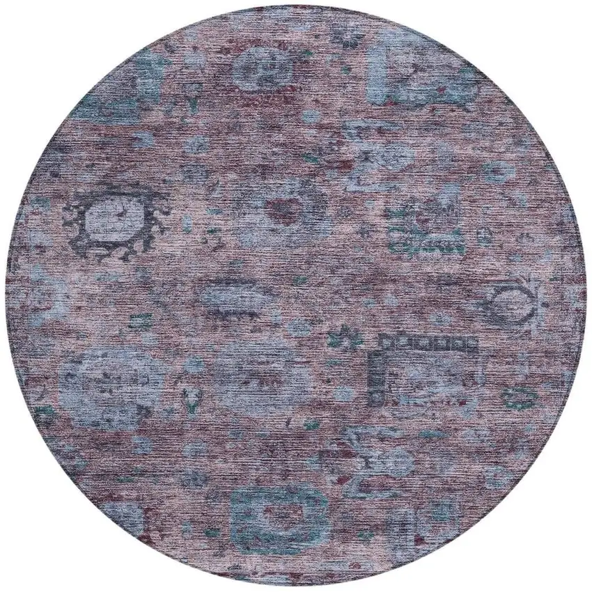 8' Plum And Brown Round Abstract Washable Indoor Outdoor Area Rug Photo 3