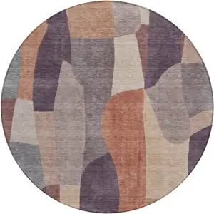 Photo of 8' Plum And Copper Round Abstract Washable Indoor Outdoor Area Rug