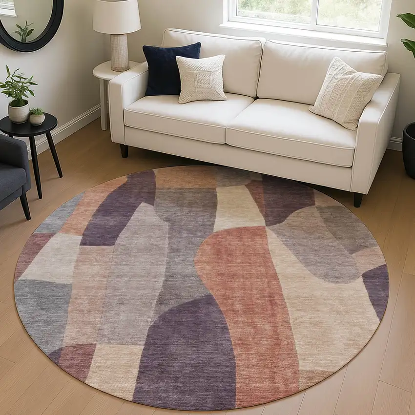 8' Plum And Copper Round Abstract Washable Indoor Outdoor Area Rug Photo 5
