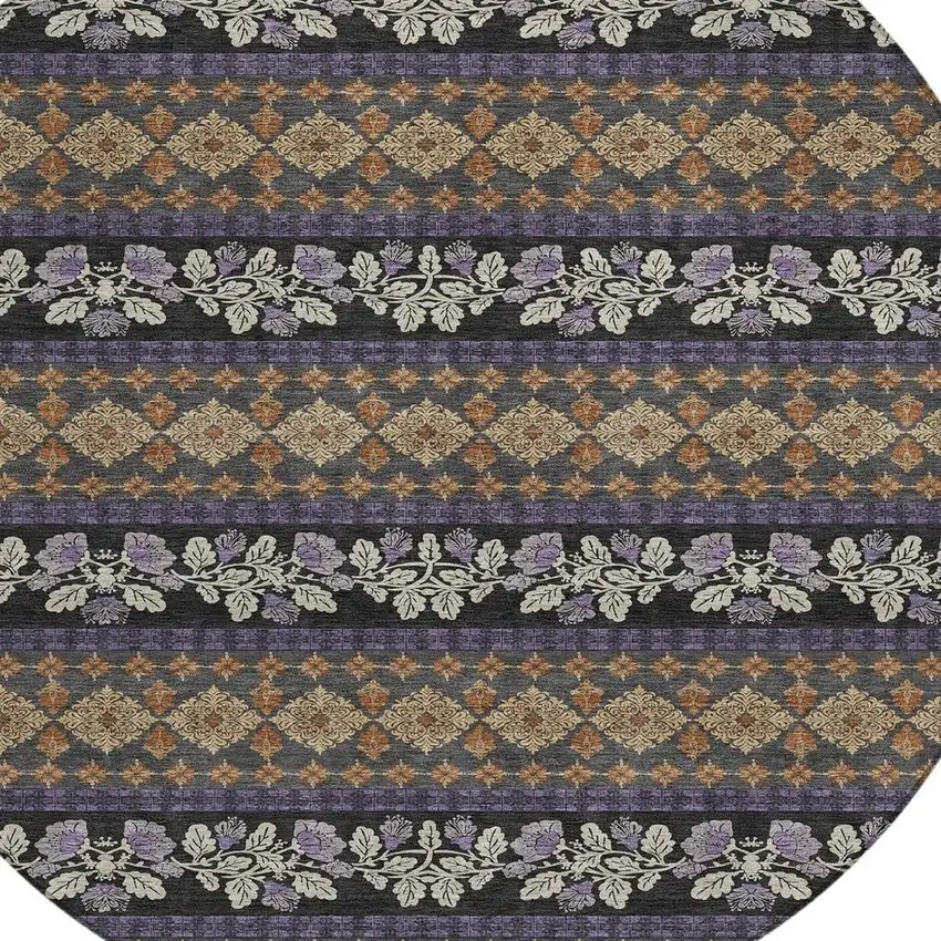 8' Plum And Copper Round Striped Washable Indoor Outdoor Area Rug Photo 2