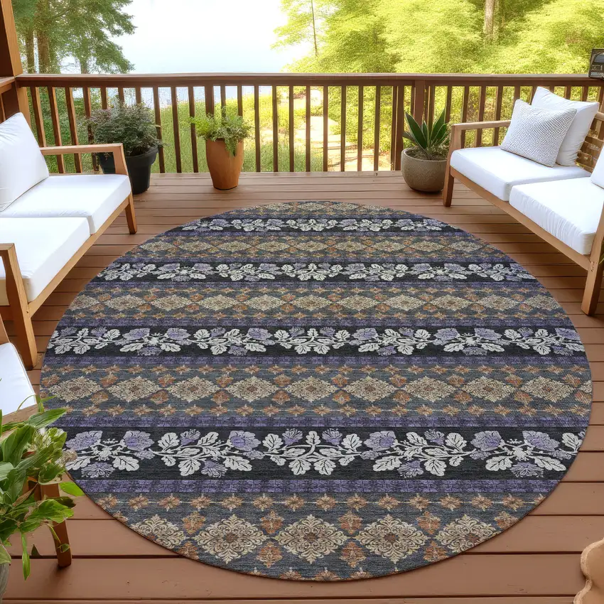 8' Plum And Copper Round Striped Washable Indoor Outdoor Area Rug Photo 4