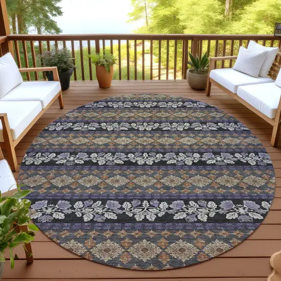 8' Plum And Copper Round Striped Washable Indoor Outdoor Area Rug Photo 4