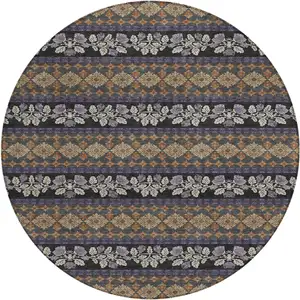 Photo of 8' Plum And Copper Round Striped Washable Indoor Outdoor Area Rug