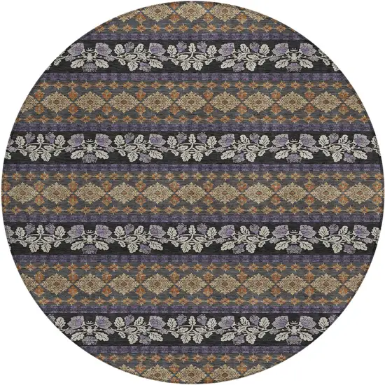 8' Plum And Copper Round Striped Washable Indoor Outdoor Area Rug Photo 1