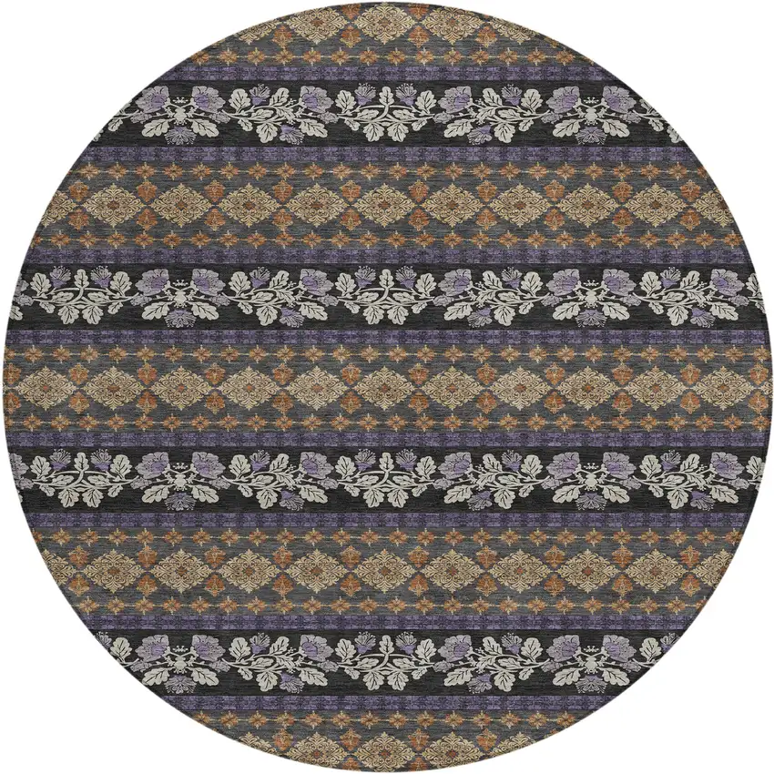 8' Plum And Copper Round Striped Washable Indoor Outdoor Area Rug Photo 1
