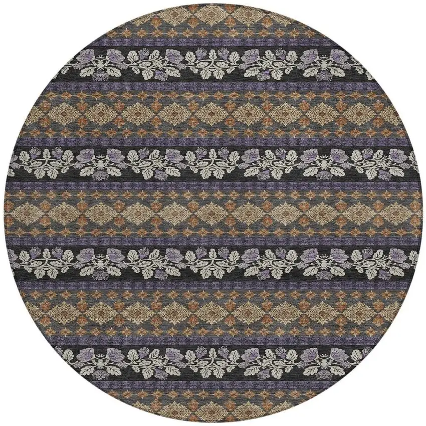 8' Plum And Copper Round Striped Washable Indoor Outdoor Area Rug Photo 3