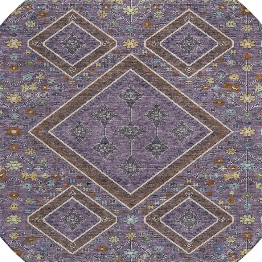 8' Plum And Eggplant Round Medallion Washable Indoor Outdoor Area Rug Photo 2