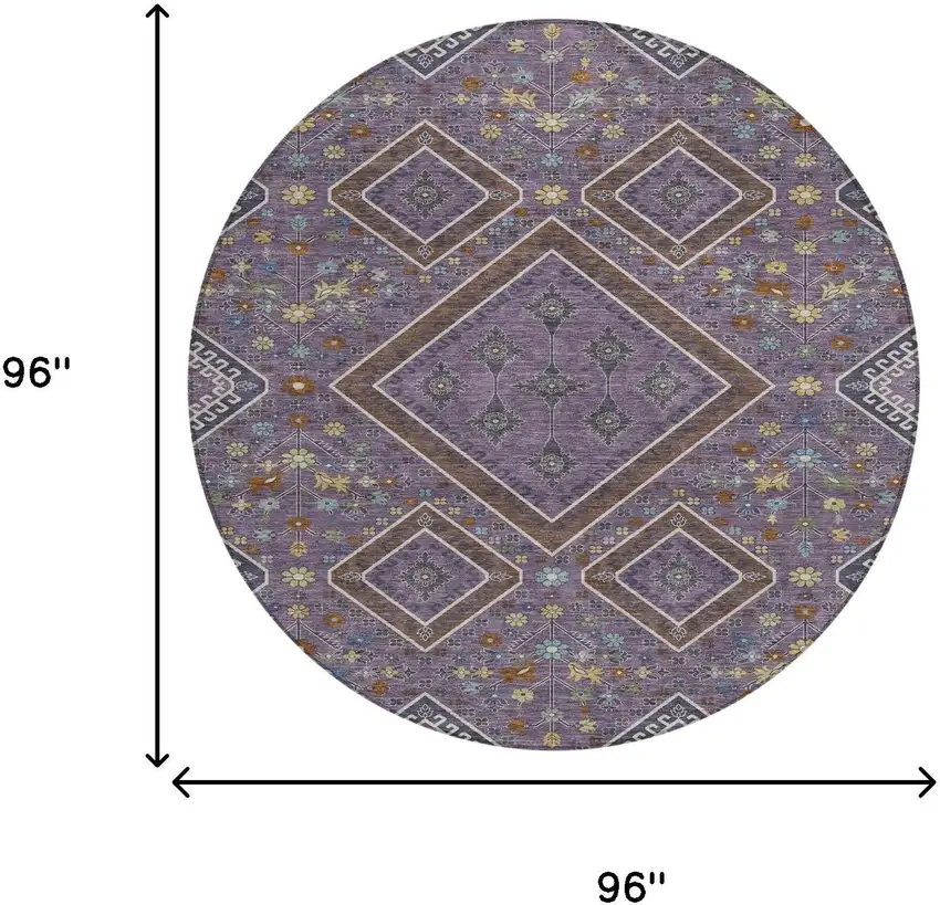 8' Plum And Eggplant Round Medallion Washable Indoor Outdoor Area Rug Photo 7