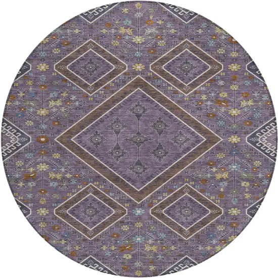 8' Plum And Eggplant Round Medallion Washable Indoor Outdoor Area Rug Photo 1