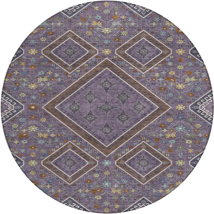 8' Plum And Eggplant Round Medallion Washable Indoor Outdoor Area Rug Photo 1