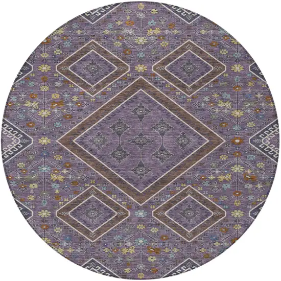 8' Plum And Eggplant Round Medallion Washable Indoor Outdoor Area Rug Photo 3